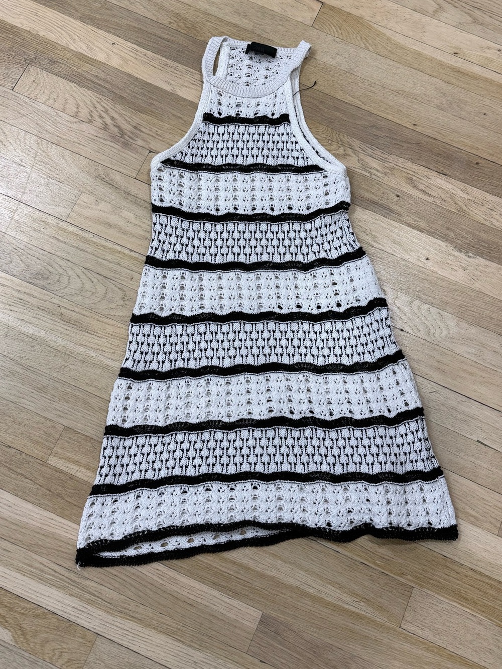 Zara White and Black Striped Crochet Halter Mini Dress